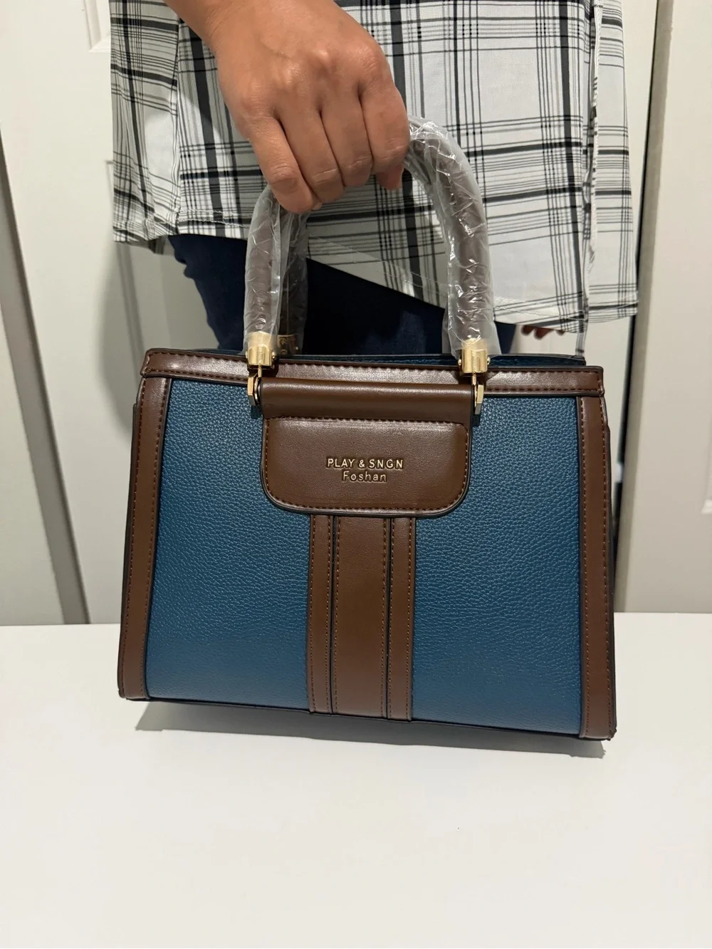 PLAY & SNGN Blue and Brown Structured Satchel with Wallet Set